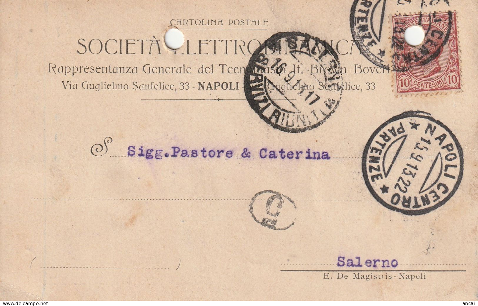 A156. Napoli. 1917. Cartolina PUBBLICITARIA , Con Leoni C. 10  ... SOCIETA' ELETTROMECCANICA... - Verzekerd