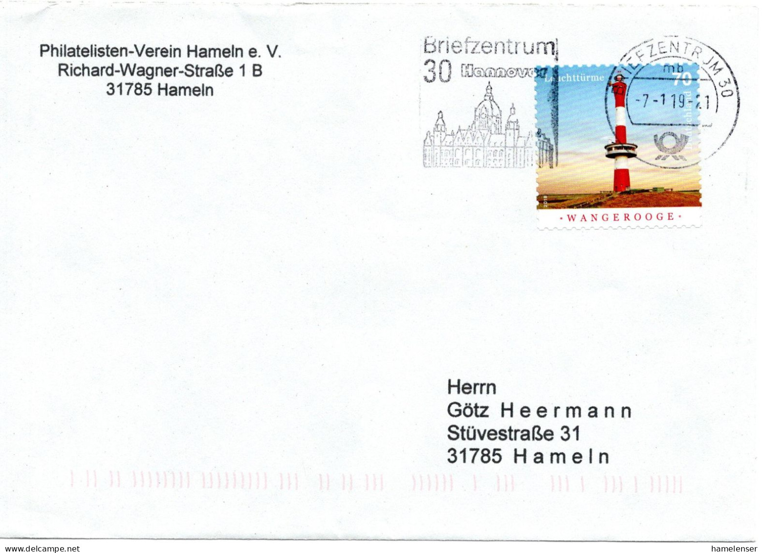 59688 - Bund - 2019 - 70c Leuchtturm Wangerooge EF A Bf BRIEFZENTRUM 30 - ... -> Hameln - Fari