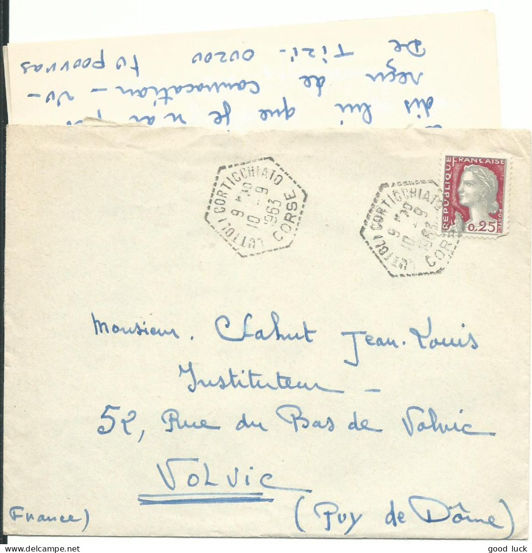 FRANCE LETTRE 25c  CUTTOLI CORTICCHIATO ( CORSE ) POUR VOLVIC ( PUY DE DOME ) DE 1963  LETTRE COVER - 1961 Marianne (Cocteau)