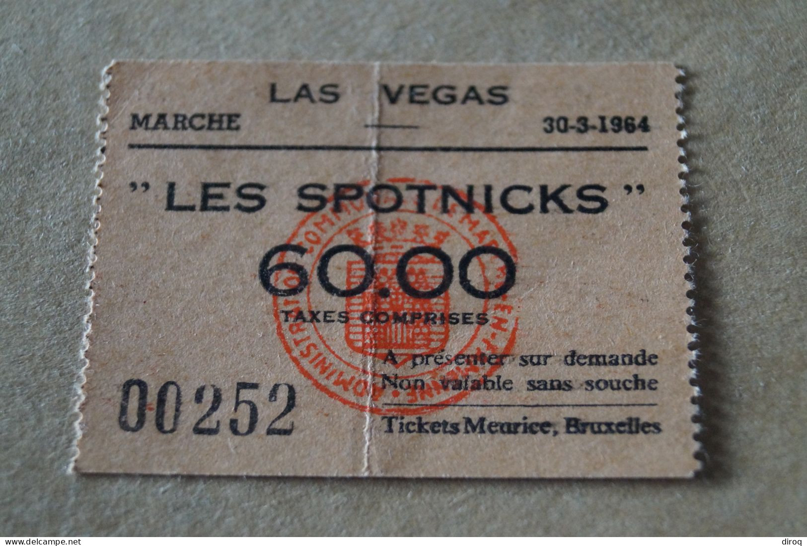 Ticket D'entrée Las Vegas à Marche Du 30/03/1964 ,Les Spotnicks, Yé-Yé ,vintage - Toegangskaarten