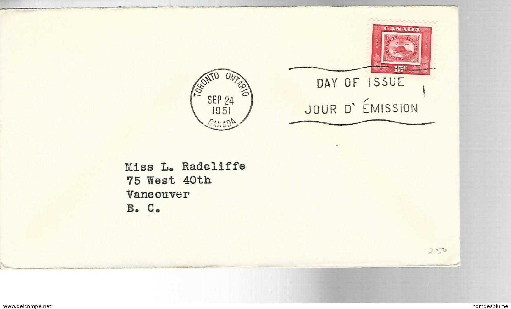 52212 ) Canada First Day Cover Toronto Postmark 1951 - ....-1951