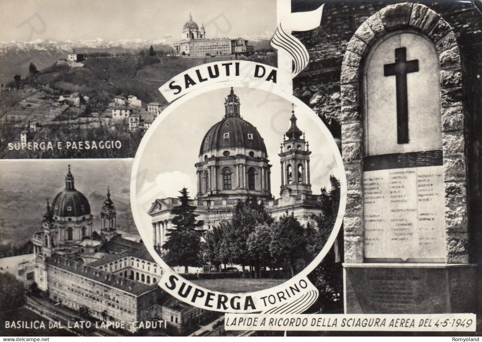 CARTOLINA  TORINO,PIEMONTE-SALUTI DA SUPERGA-BASILICA DAL LATO LAPIDE CADUTI-SUPERGA E PAESAGGIO-LAPIDE-VIAGGIATA 1950 - Churches