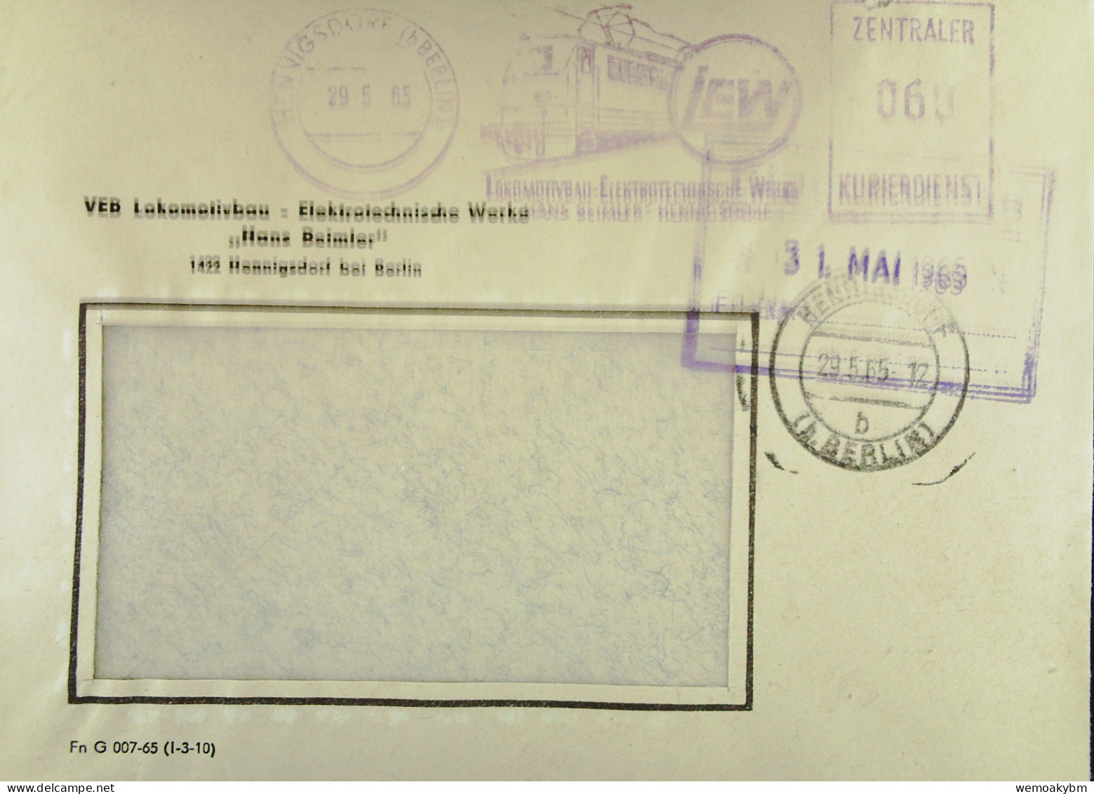 DDR: ZKD-Brief Mit AFS =060= HENNINGSDORF (b BERLIN) V. 29.5.65 "LEW Lokomotivbau-Elektrotechnische Werke-Hans Beimler" - Zentraler Kurierdienst