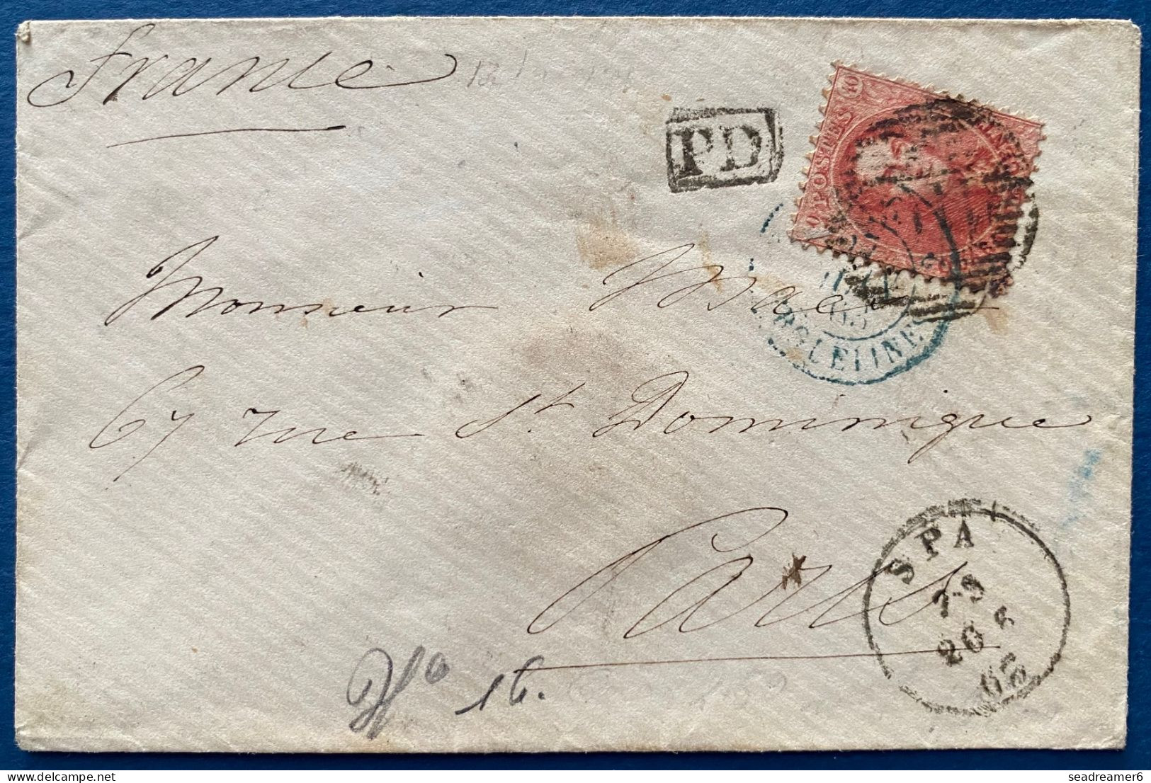 Lettre Medaillon N°16 40c Rouge Oblitéré GC 110 + Dateur SPA + Entrée Bleue Verte " BELG / 2 ERQUELINES 2 " Pour PARIS - 1849-1865 Medallions (Other)