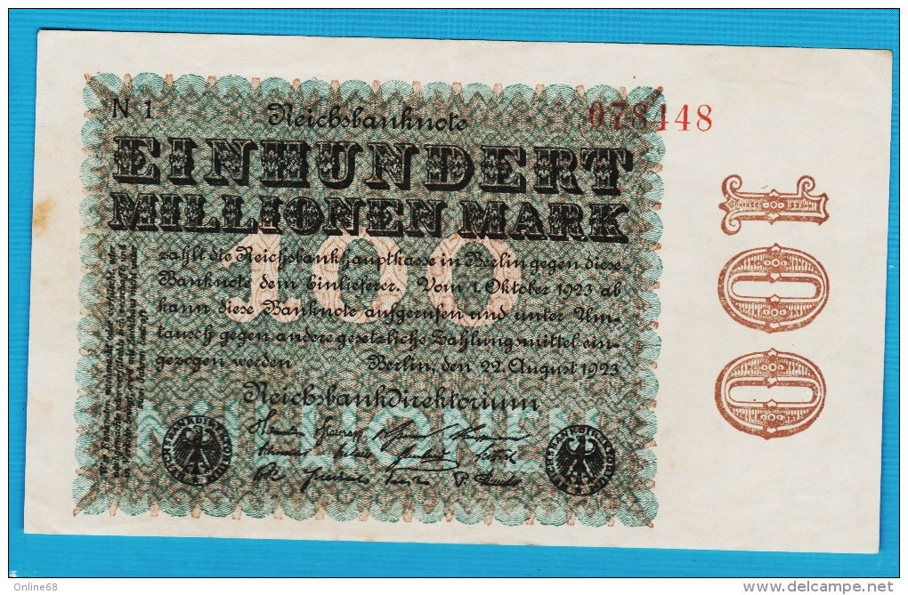 DEUTSCHES REICH 100 MILLIONEN MARK 22.08.1923  # N1 078448 P# 107c - 100 Miljoen Mark