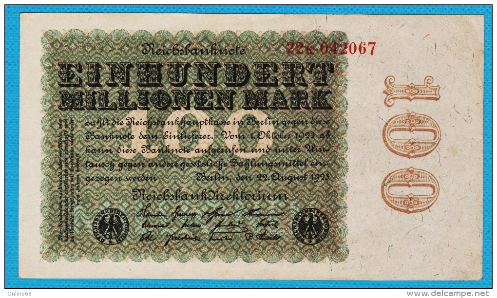 DEUTSCHES REICH 100 MILLIONEN MARK 22.08.1923   # 22k.042067  P# 107a - 100 Miljoen Mark