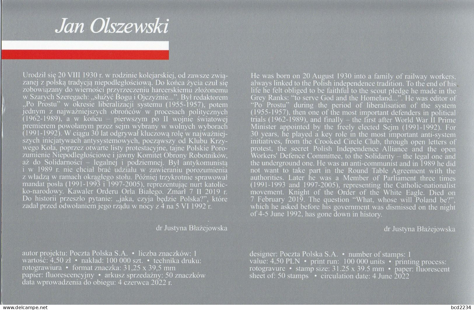 POLAND 2022 POLISH POST OFFICE LIMITED EDITION FOLDER: JAN OLSZEWSKI 1ST POLISH PRIME MINISTER POST COMMUNISM SOLIDARITY - Solidarnosc Vignetten