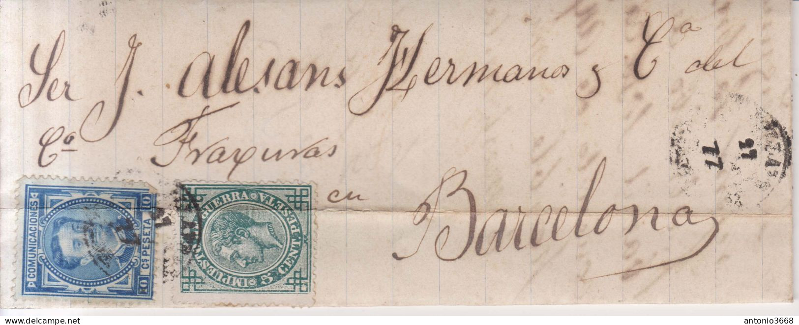 Año 1876 Edifil 175-183 Carta   Matasellos Rombo Villafranca Barcelona Vilaseca Y Cia - Covers & Documents