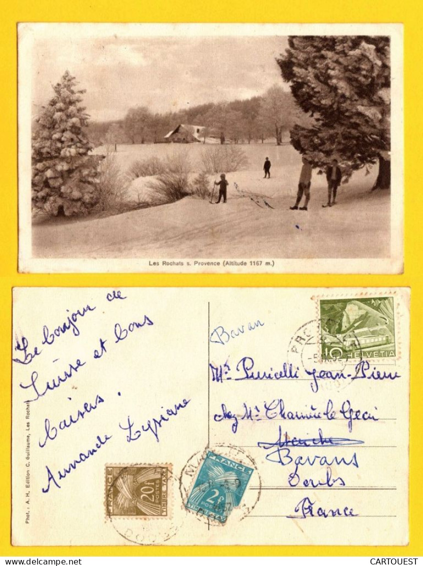 CPA DISTRICT DE GRANDSON - LES ROCHATS SUR PROVENCE Skieurs Sur La Neige 1952 + TIMBRES TAXES - Grandson