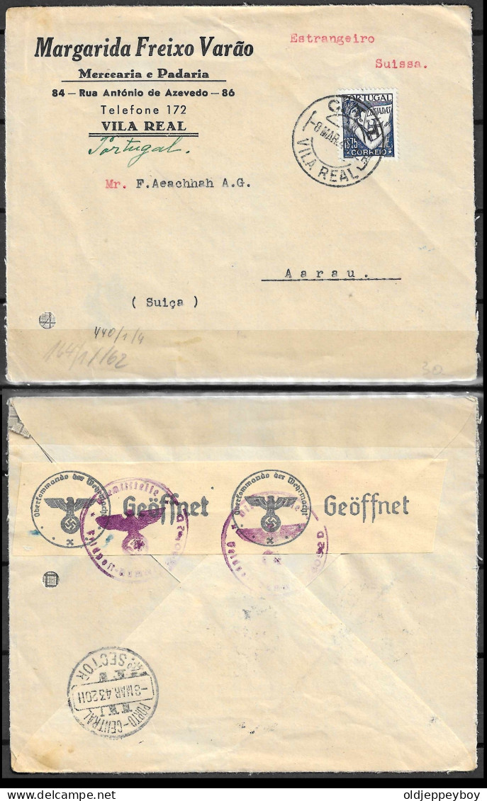 1943 PORTUGAL NAZI CENSORSHIP  PUBLICITY VILA REAL  ENVELOPE COVER AIRMAIL TO  AARAU SUISSA SUISSE SWITZERLAND - Covers & Documents