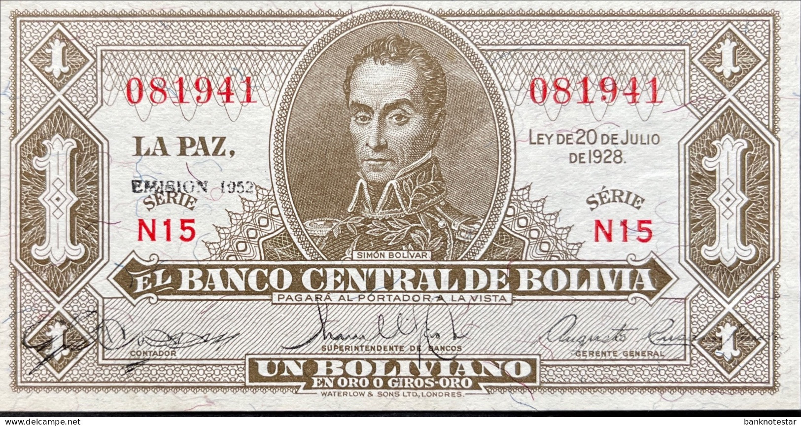 Bolivia 1 Boliviano, P-128c (1952) - UNC - Bolivië