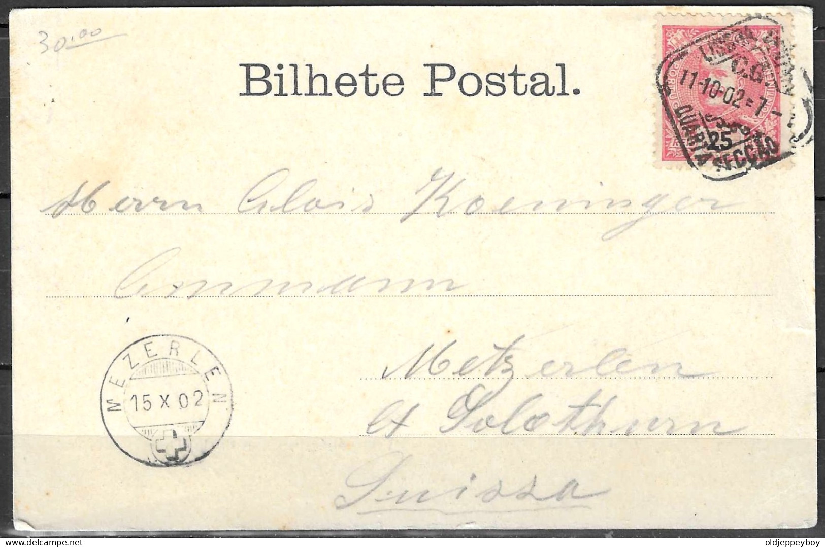 1902 PORTUGAL COVER LISBONNE BELEM TO MEZERLEN (METSERLEN)  SUISSE SWITZERLAND EXTRA RARE - Storia Postale