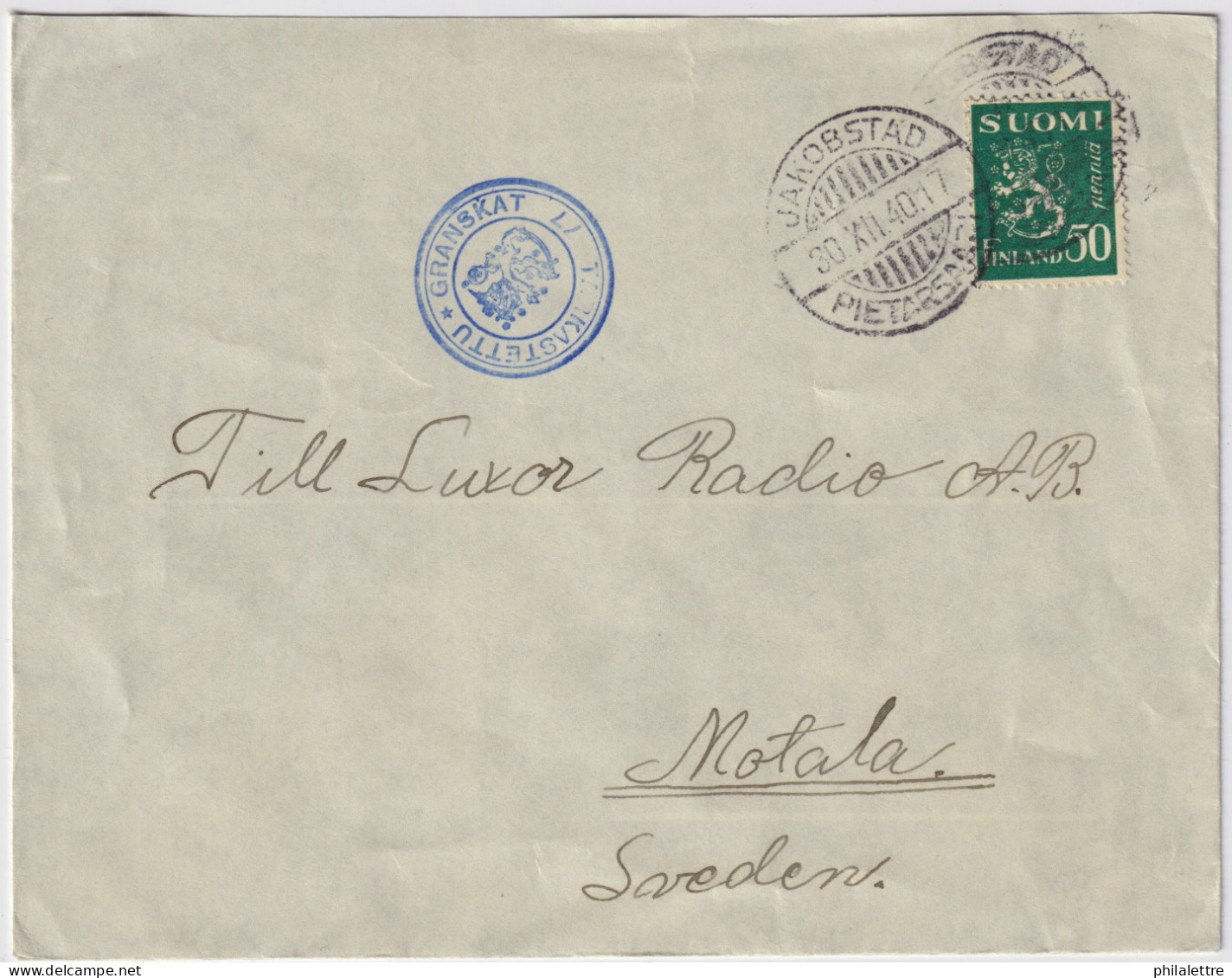 FINLAND - 1940 - Censor Mark On Cover From JAKOBSTAD To Motala, Sweden Franked 50p - Storia Postale