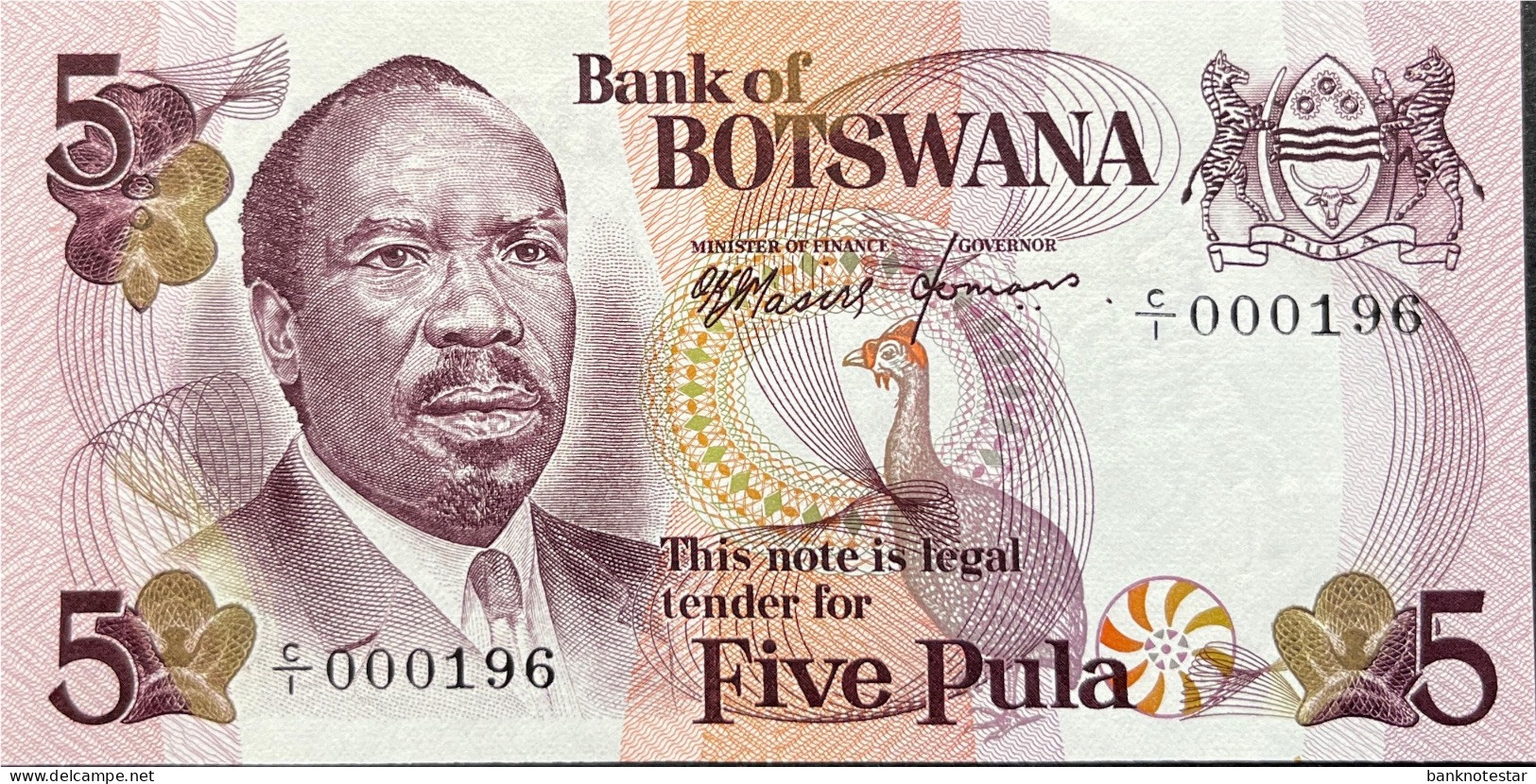 Botswana 5 Pula, P-3 (1976) - UNC - LOW First Prefix 000196 Serial Number - Botswana