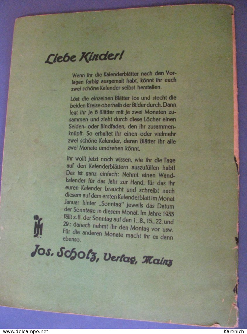 KALENDERBLÄTTER ZUM AUSMALEN. LIBRO CALENDARIO PARA PINTAR. ALEMANIA 1933. ED. JOS, SCHOLZ. - Enfants & Adolescents