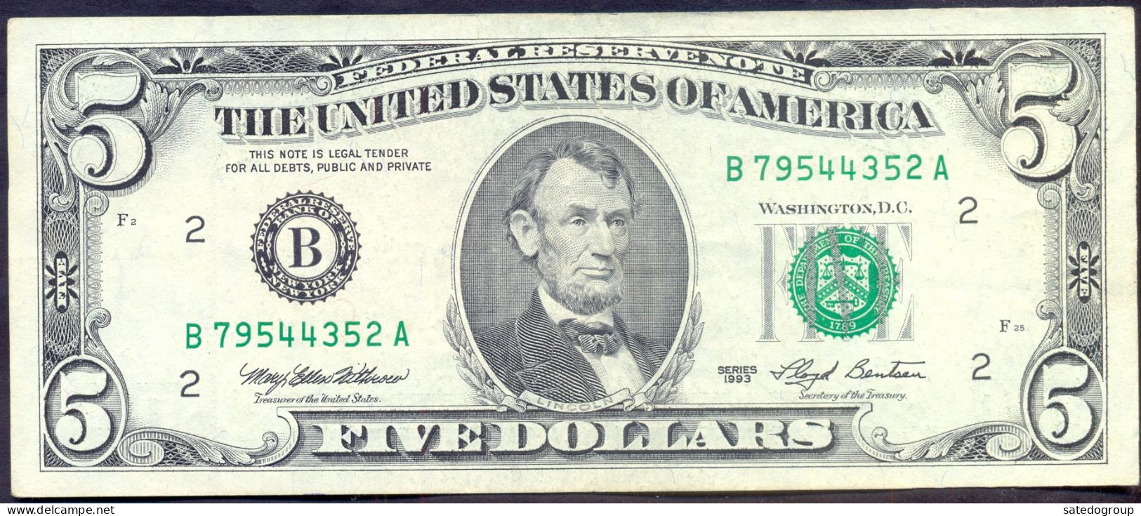 USA 5 Dollars 1993 B  - VF+ # P- 491 < B - New York NY > - Federal Reserve (1928-...)