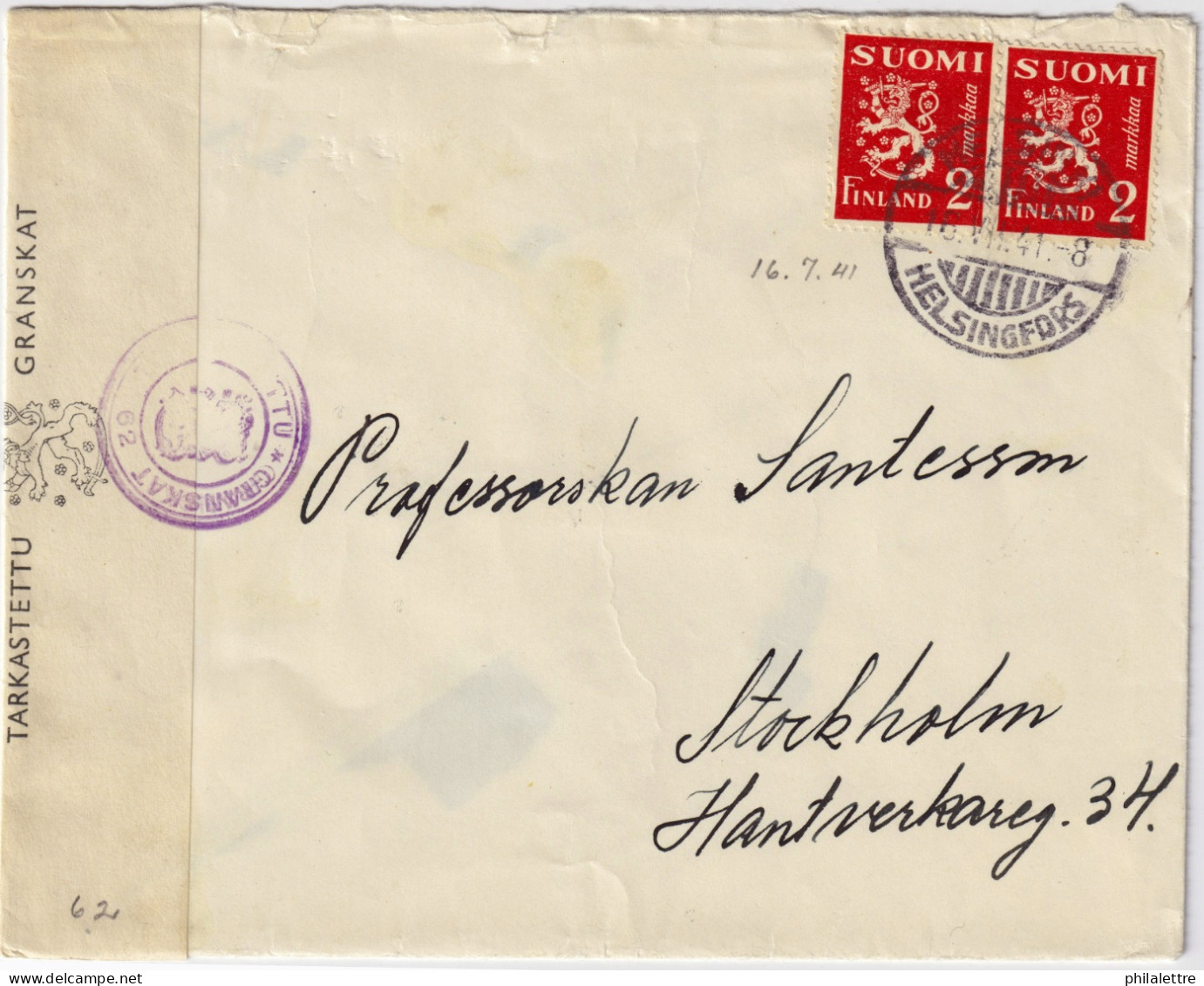 FINLAND - 1941 - Censored Cover From HELSINKI To Stockholm, Sweden Franked 2x2Mk - Covers & Documents