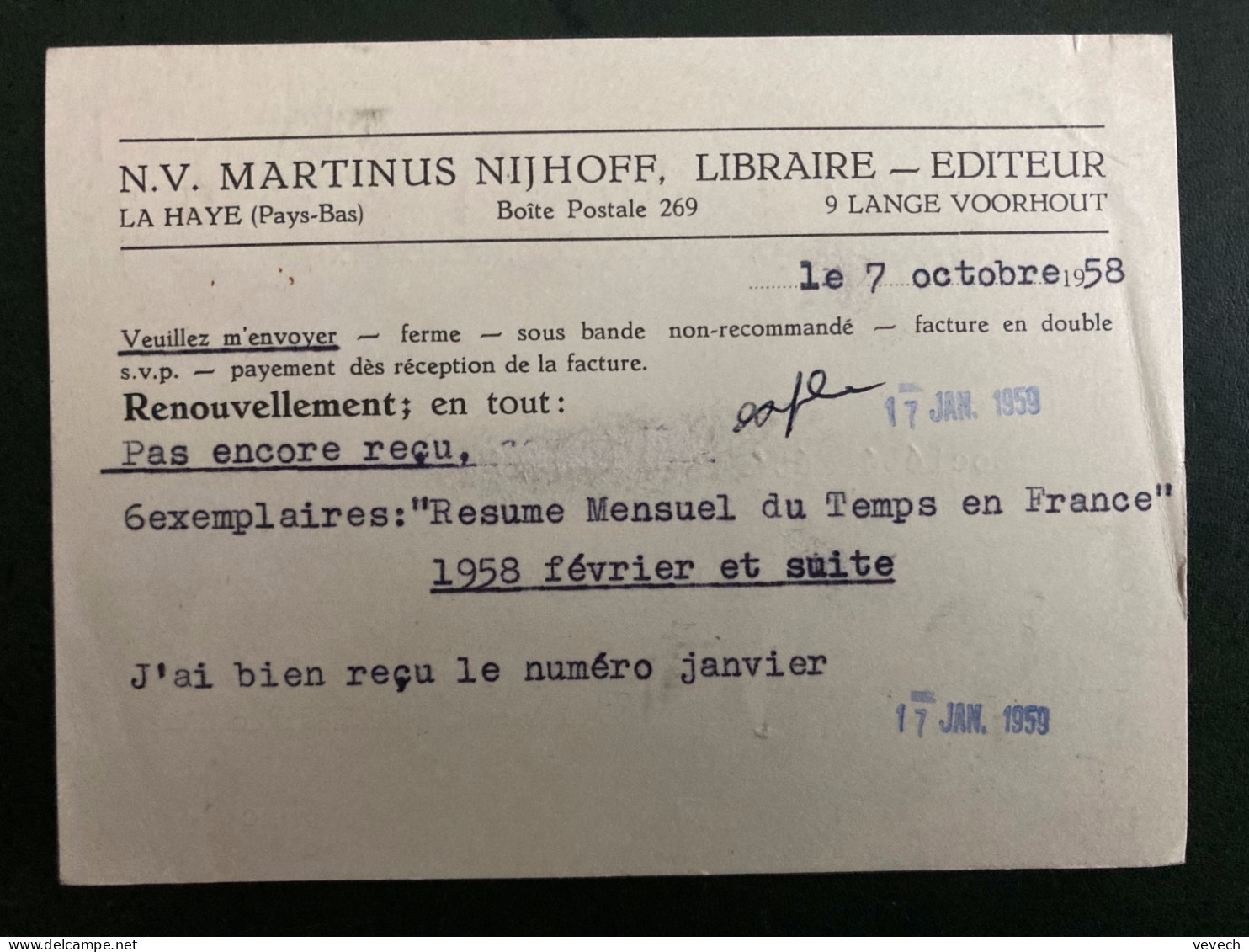 CP MARTINUS NIJHOFF LIBRAIRE EDITEUR EMA 1027 à 20 Du 13 10 58 S GRAVENHAGE - Franking Machines (EMA)