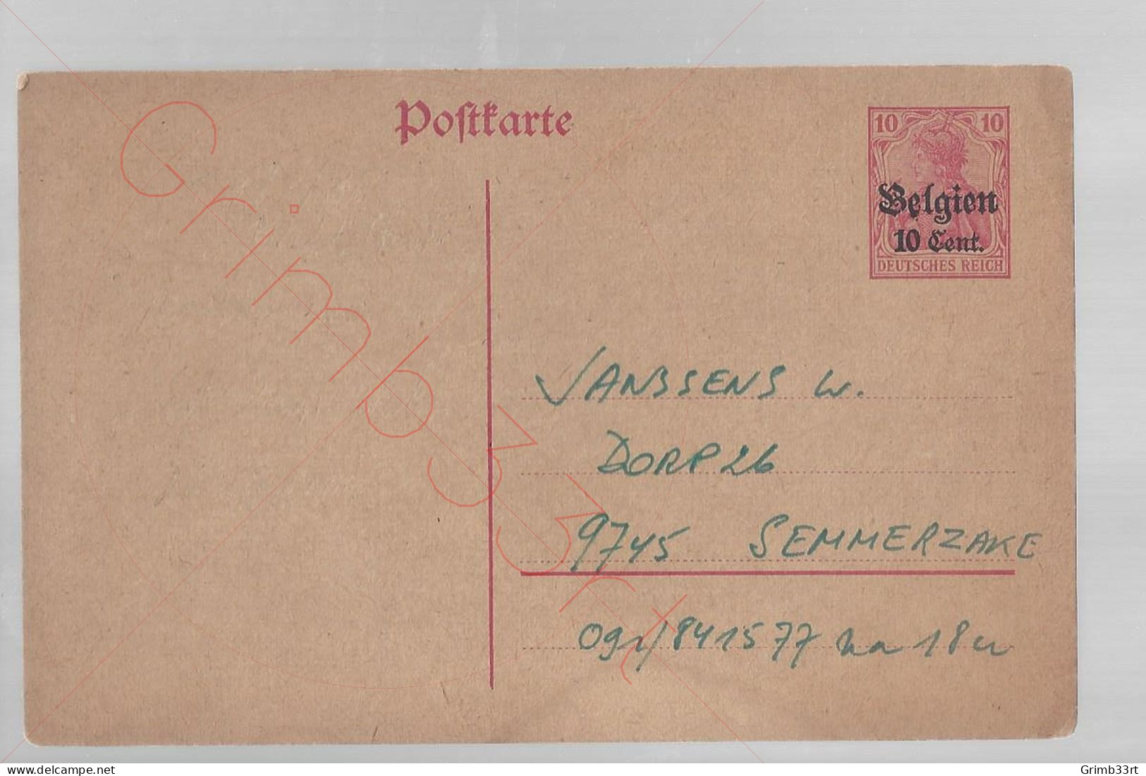 Belgien 10 Cent - Postkaart - German Occupation