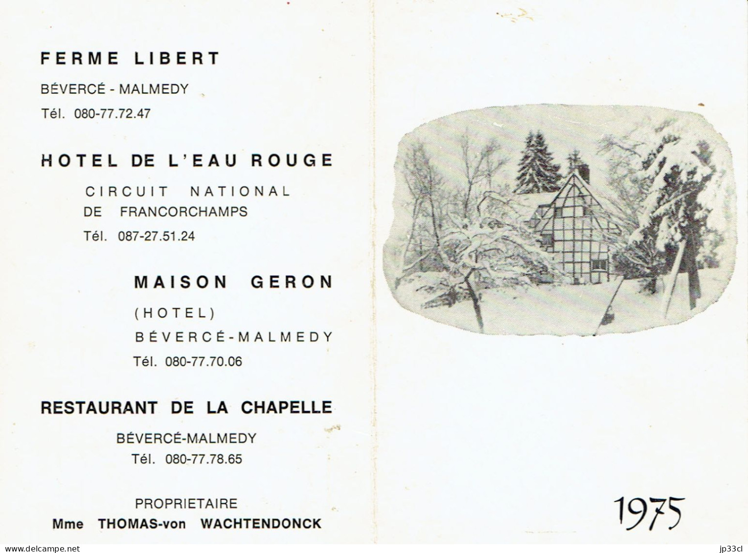 Calendrier 1975 Ferme Libert, Hôtel De L'Eau Rouge (Francorchamps), Maison Geron, Etc. Bevercée-Malmedy - Klein Formaat: 1971-80