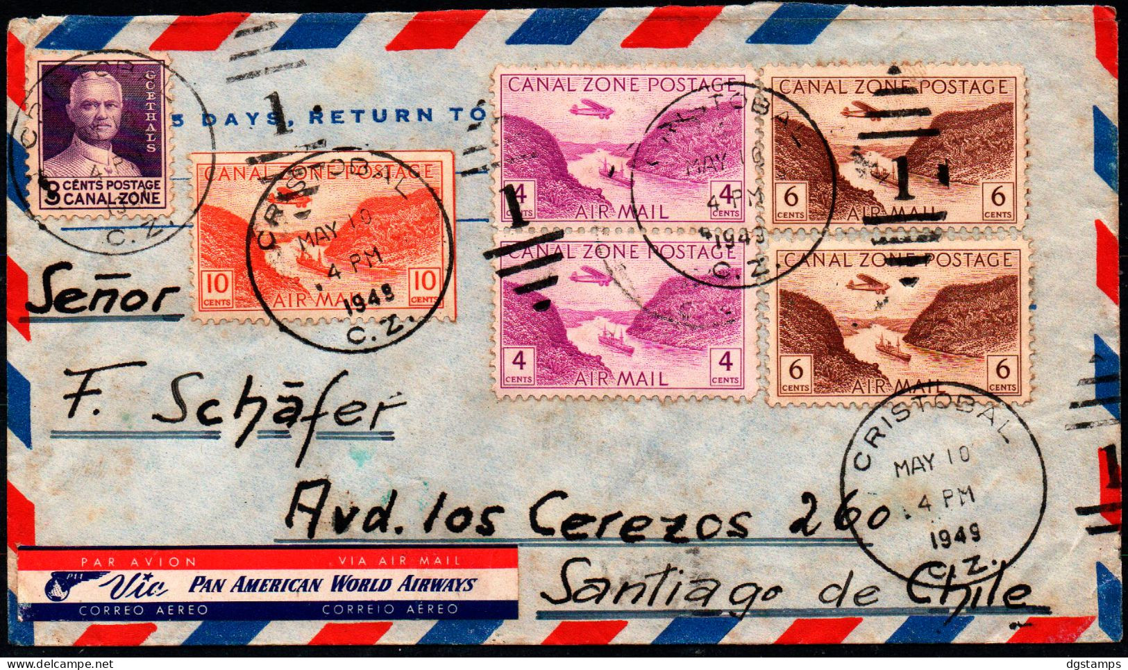 Canal Zone 1949 Cover Sent From Cristobal To Santiago Of Chile Via Pan American World Airways. - Canal Zone