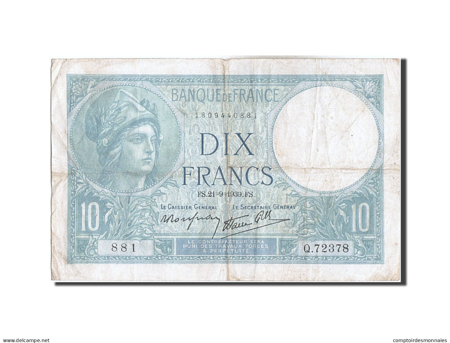 Billet, France, 10 Francs, 10 F 1916-1942 ''Minerve'', 1939, 1939-09-21, TB - 10 F 1916-1942 ''Minerve''