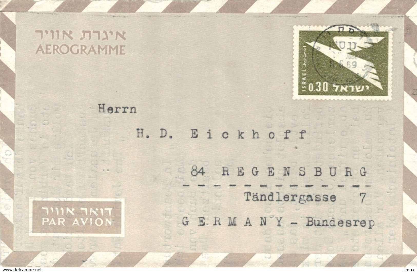 Aerogramm Heinrich Cohn Ramat 1959 > Regensburg - Publikationen - Poste Aérienne