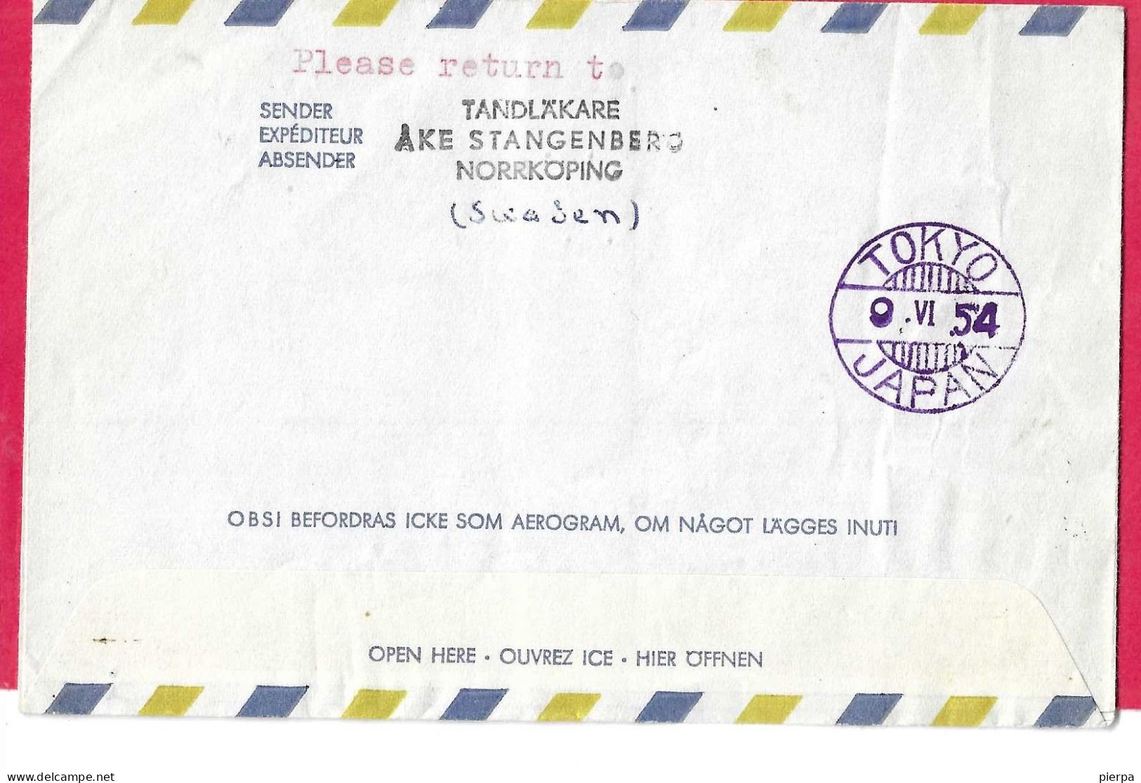 SVERIGE - FIRST FLIGHT FROM NORKOPING TO TOKYO *21.5.54* ON AEROGRAM - Briefe U. Dokumente