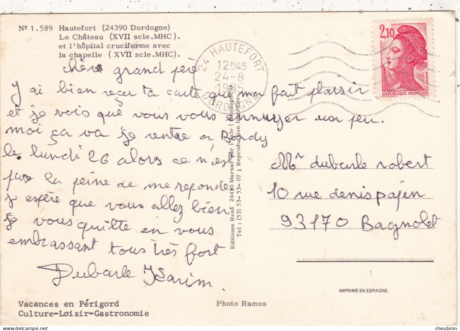 24. HAUTEFORT. CPSM. FACON TOILEE. VUE AERIENNE.  LE CHATEAU. ANNEE 1985 + TEXTE - Hautefort