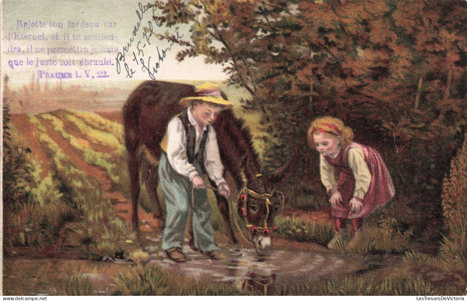 Enfants -  Deux Enfants Abreuvant Un âne Dans Une Rivière - Carte Postale Ancienne - Dessins D'enfants