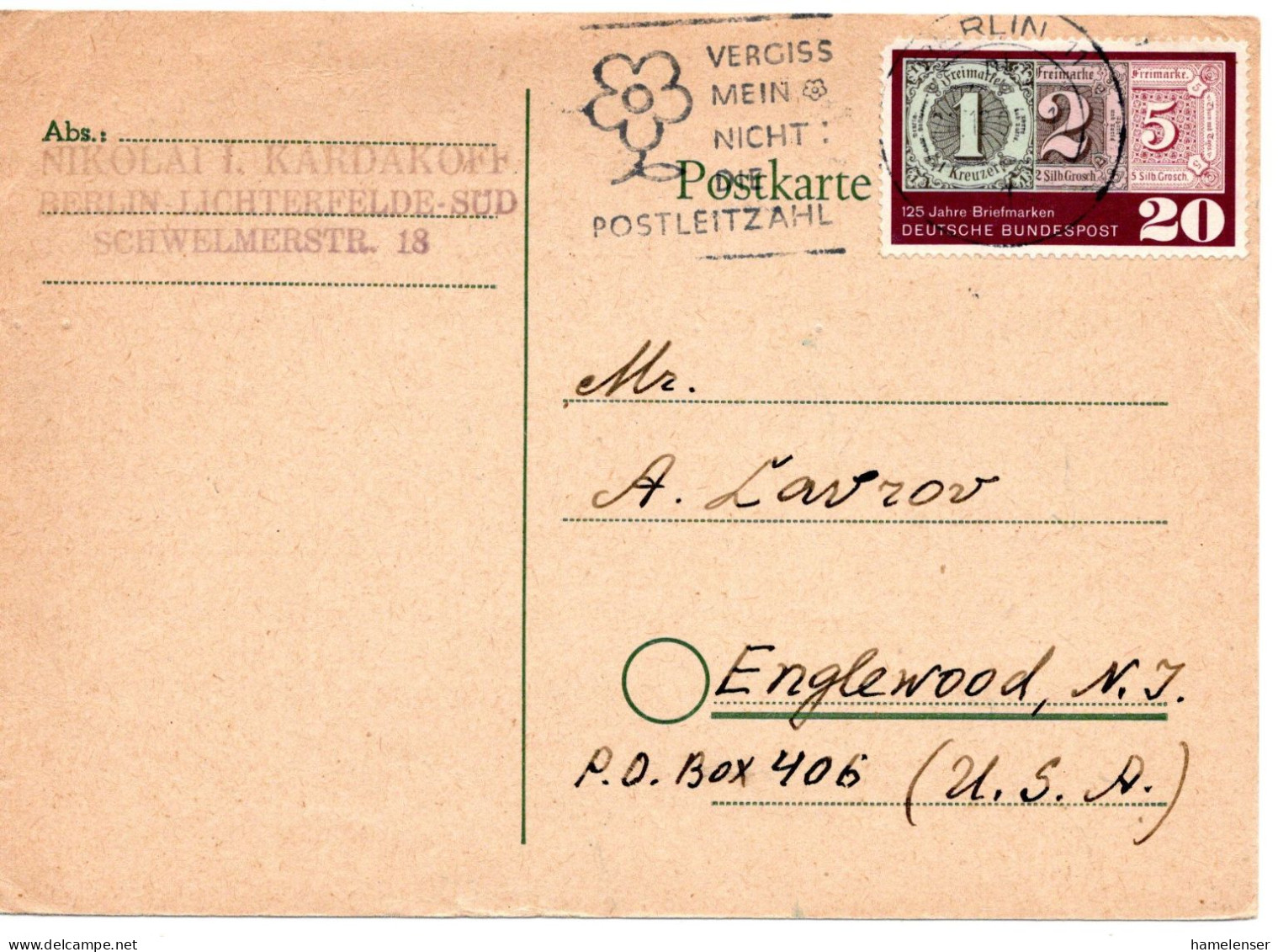 69673 - Bund - 1965 - 20Pfg 125 Jahre Briefmarken (kl Zahnf) EF A Kte BERLIN - ... -> Englewood, NJ (USA) - Postzegels Op Postzegels