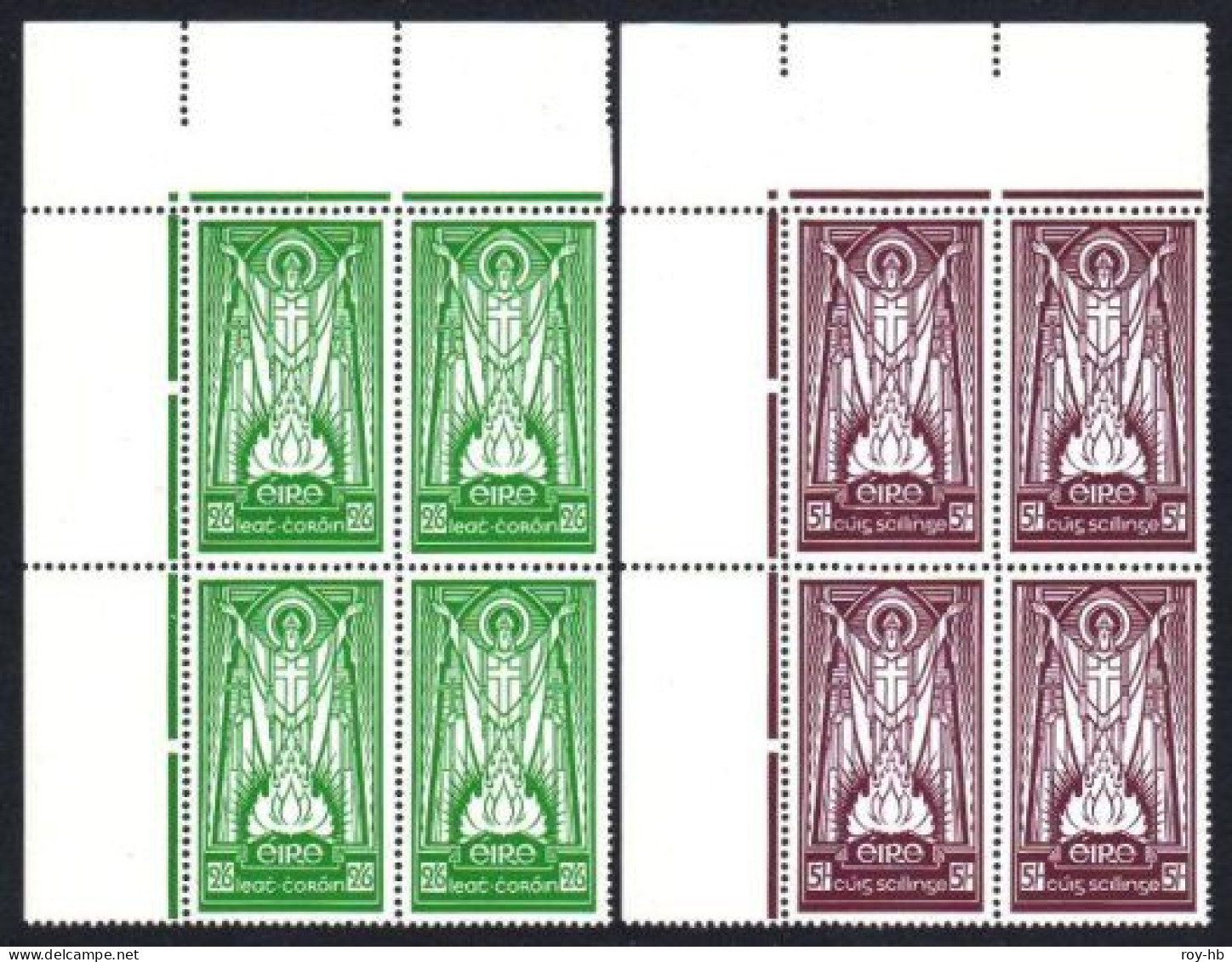 1945 St. Patrick 2/6-10/- On Cream Paper, Set In Matching Top Left Corner Blocks Of 4, Fresh U/m, Superb Original Colour - Ungebraucht