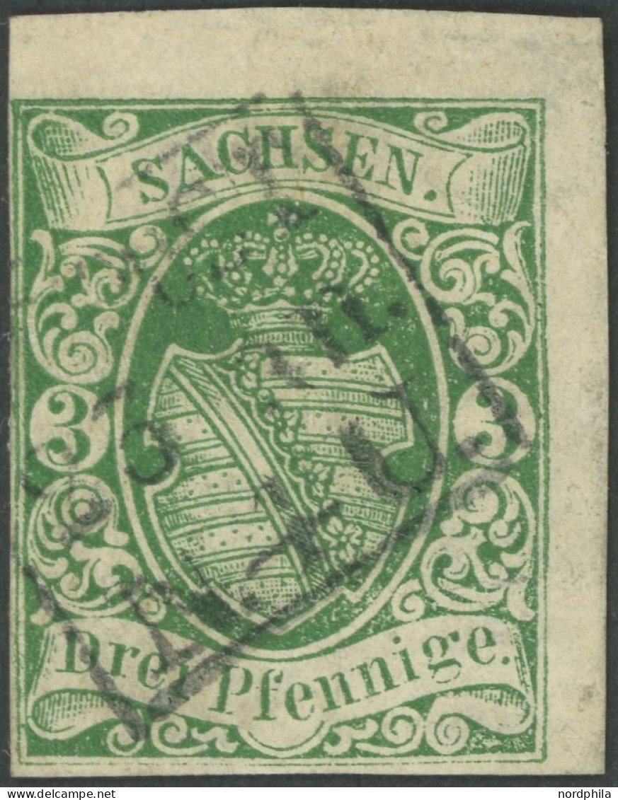 SACHSEN 2Ia O, 1851, 3 Pf. Saftiggrün, Erste Auflage, Obere Rechte Bogenecke, Mit Dresdener Stadtpost Stempel N.4.U., Ka - Saxe