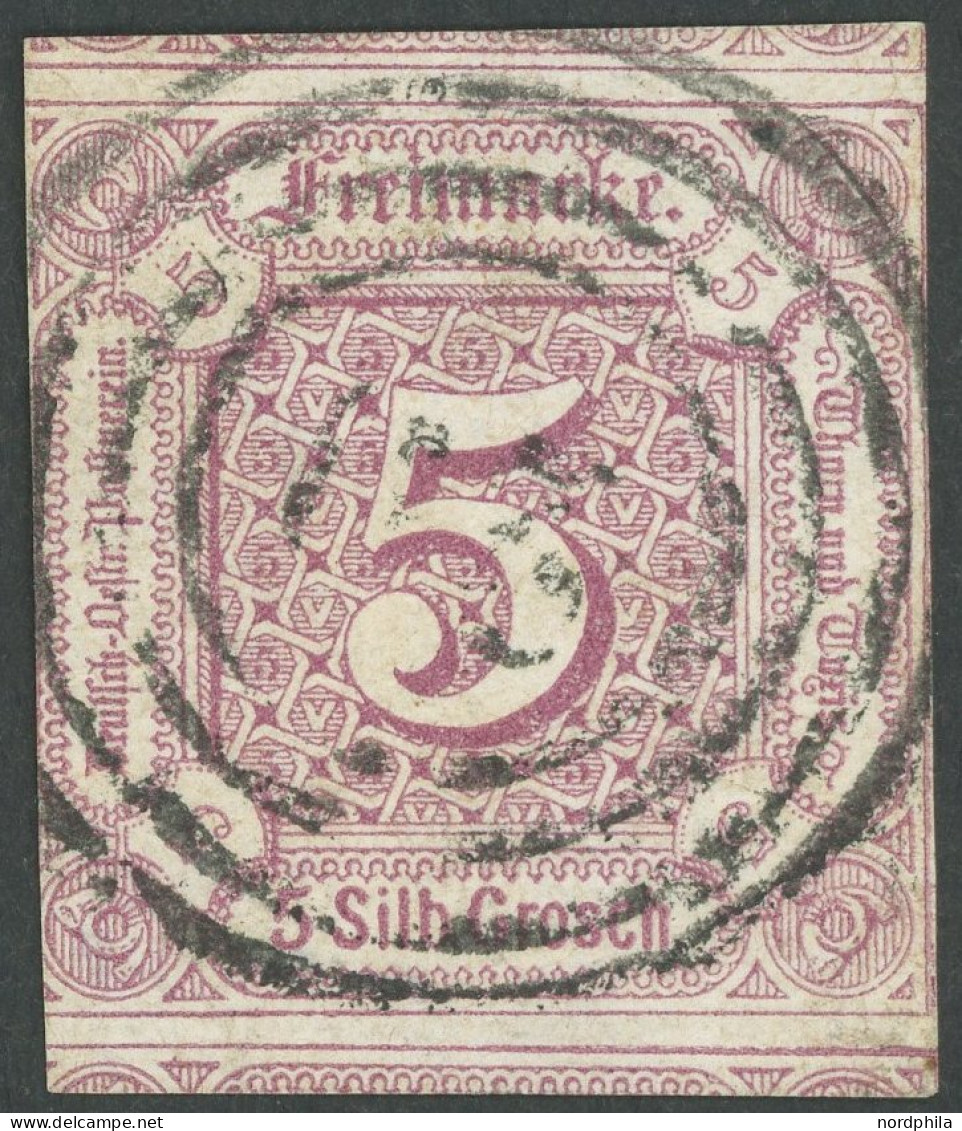 THURN Und TAXIS 18 O, 1859, 5 Sgr. Braunpurpur, Zweiseitig Angeschnitten, Oben Und Unten Mit Teilen Der Nachbarmarke, Fe - Other & Unclassified