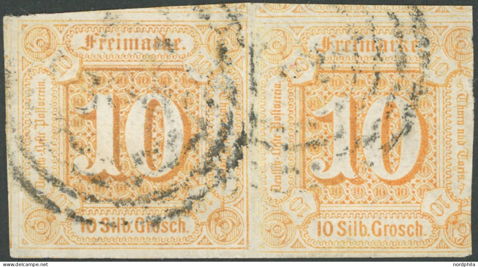 THURN Und TAXIS 19 Paar O, 1859, 10 Gr. Orange Im Waagerechten Paar, Nummernstempel 300, Linke Marke Allseits Riesenrand - Otros & Sin Clasificación