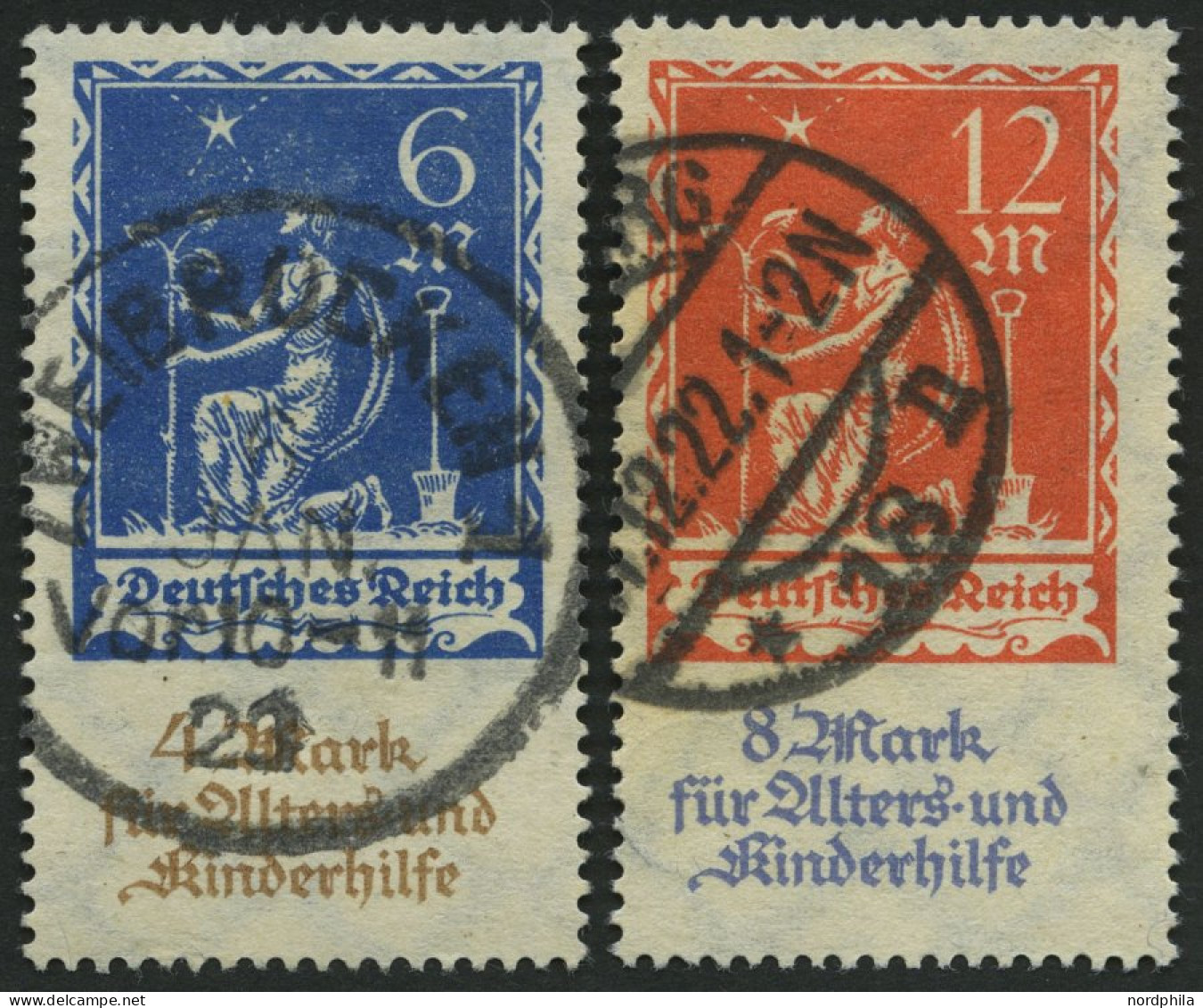 Dt. Reich 233/4 O, 1922, Allegorie, Pracht, Gepr. Infla, Mi. 60.- - Used Stamps