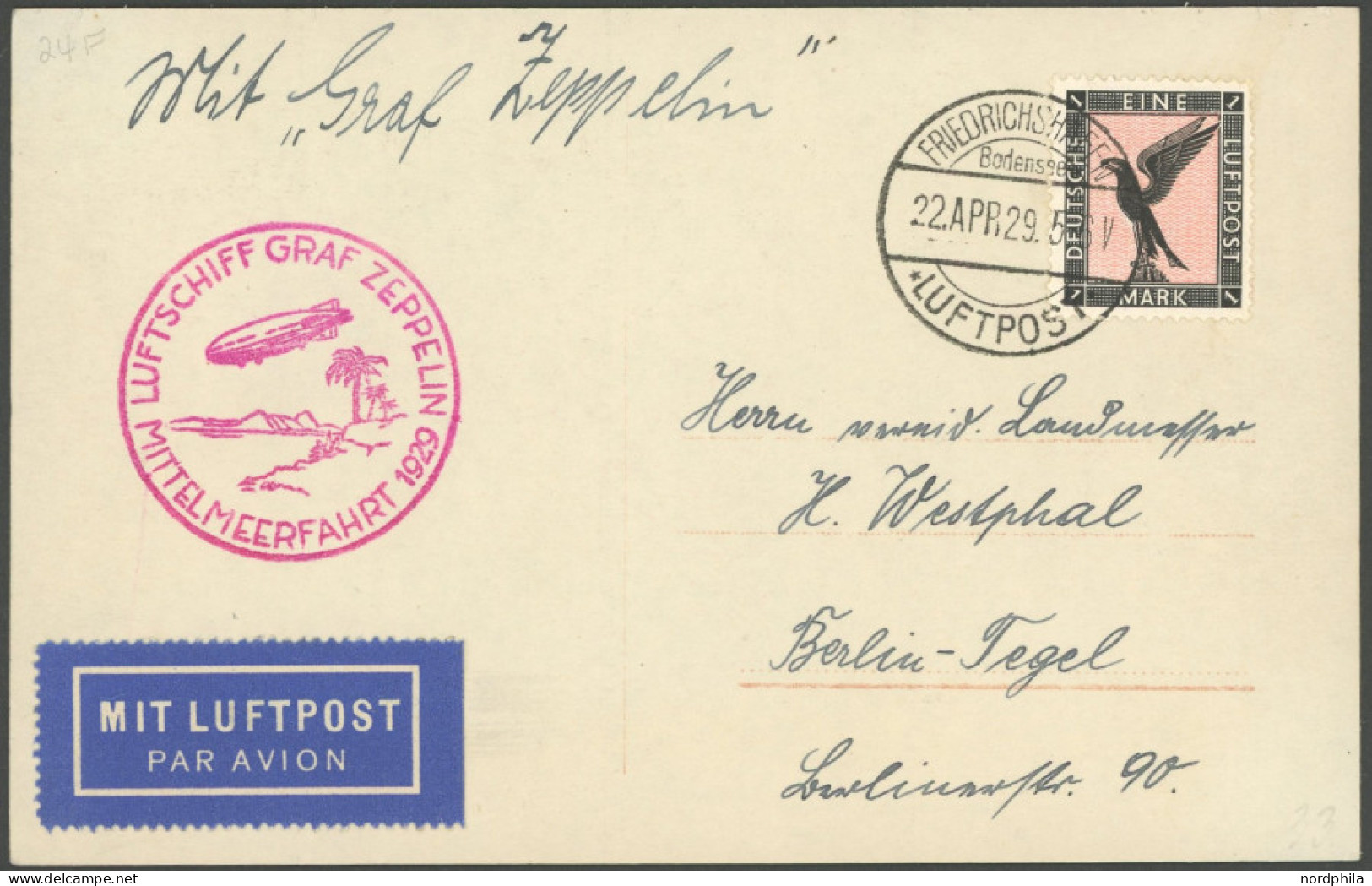 ZEPPELINPOST 24A BRIEF, 1929, Mittelmeerfahrt, Poststempel Friedrichshafen, Prachtkarte - Correo Aéreo & Zeppelin