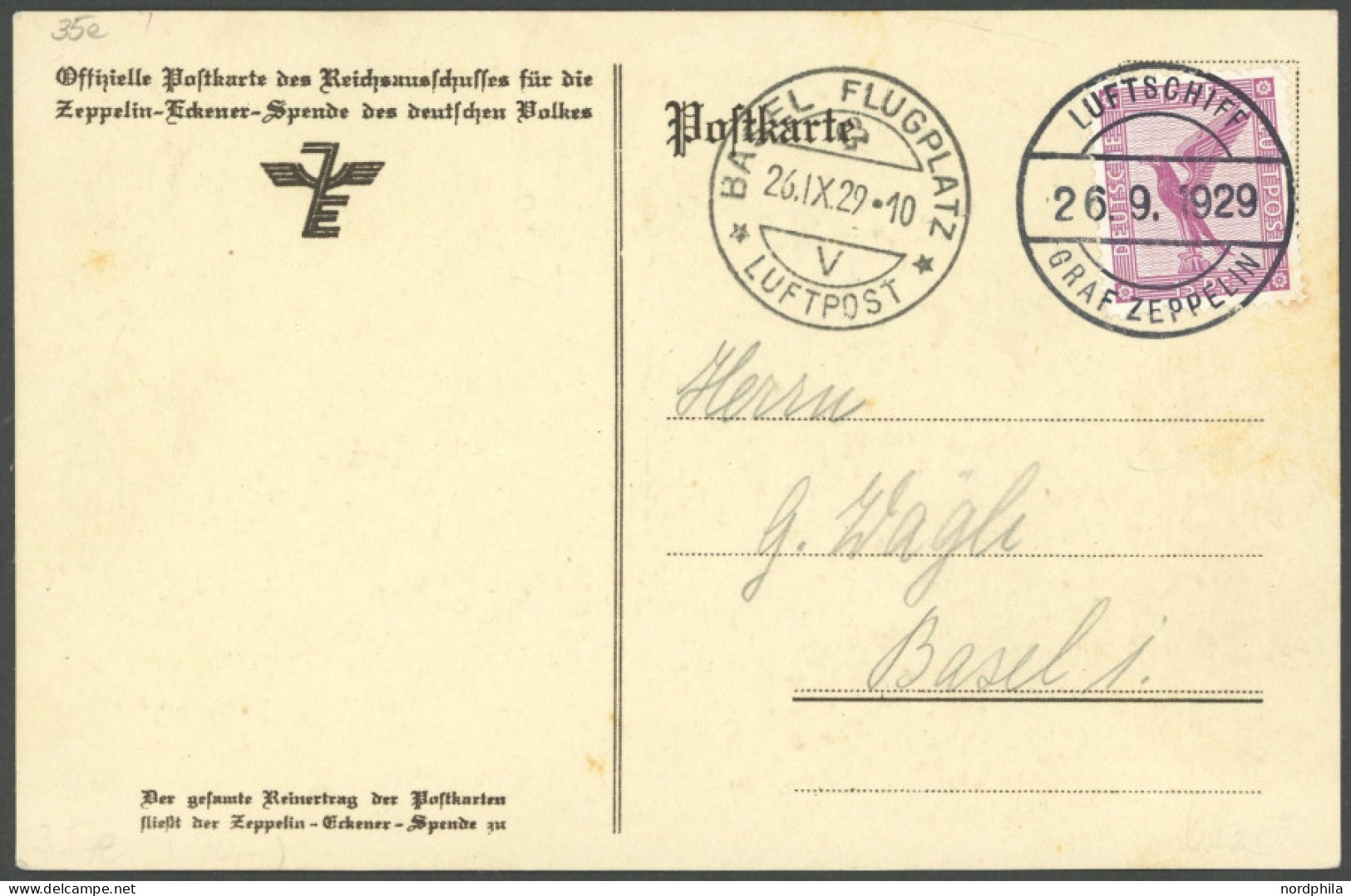 ZEPPELINPOST 35e BRIEF, 1929, 1. Schweizfahrt, Abwurf Basel-Flugplatz, Eckener Spendenkarte, Pracht - Correo Aéreo & Zeppelin