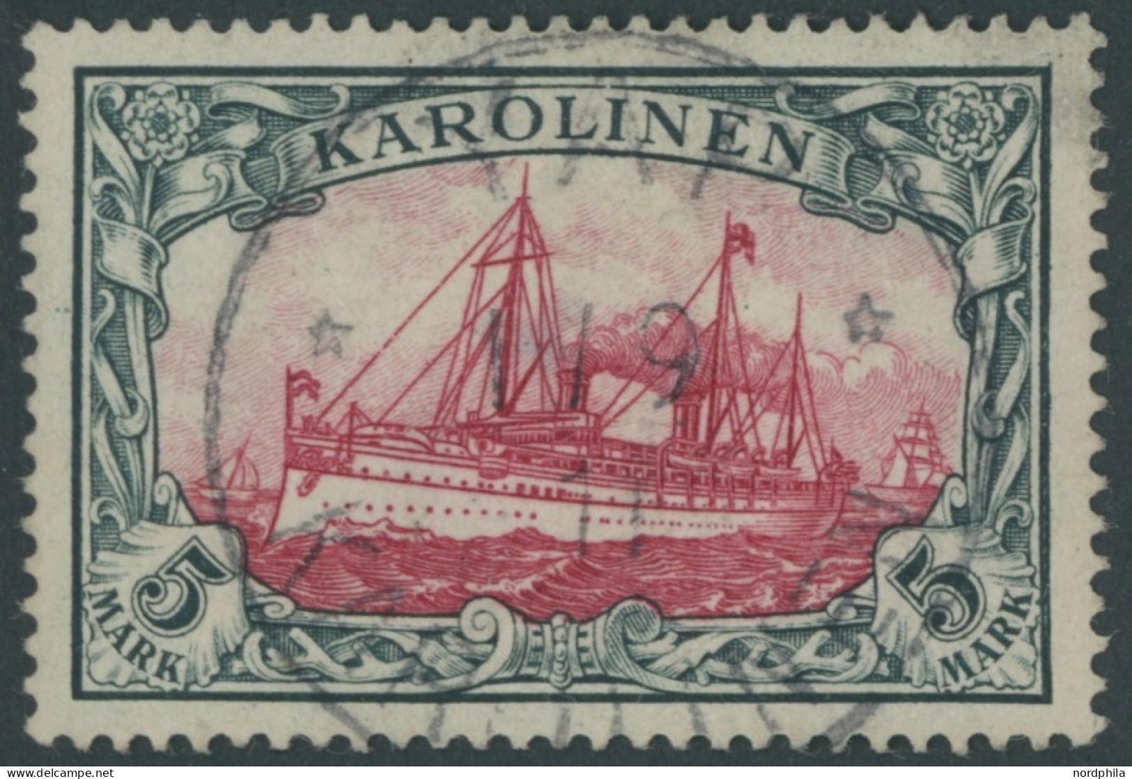 KAROLINEN 19 O, 1900, 5 M. Grünschwarz/dunkelkarmin, Ohne Wz., Stempel YAP, Pracht, Mi. 600.- - Caroline Islands