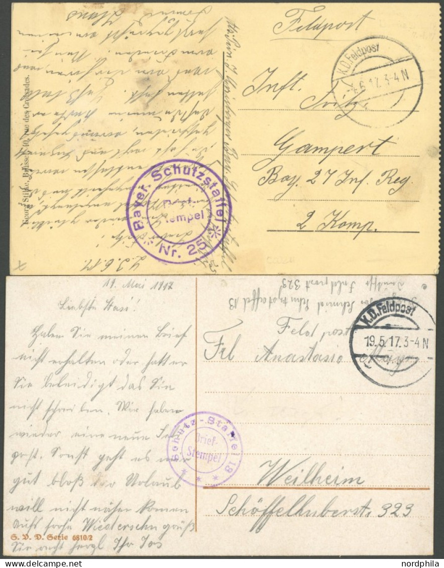 FELDPOST I.WK 1917, 2 Feldpostkarten Mit Violetten Briefstempeln SCHUTZ-STAFFEL 13 Bzw. BAYER. SCHUTZSTAFFEL 25, Pracht - Ocupación 1914 – 18