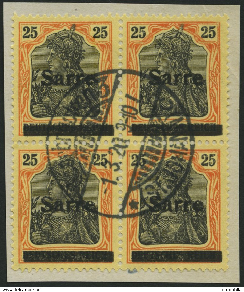 SAARGEBIET 9bI VB O, 1920, 25 Pf. Gelborange/schwarz Auf Gelbweiß, Type I, Im Viererblock Mit Zentrischem Stempel, Prach - Sonstige & Ohne Zuordnung