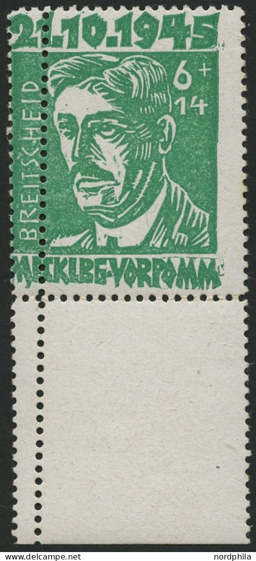 MECKLENBURG-VORPOMMERN 20a , 1945, 6 Pf. Hellgrün Faschismus Mit Senkrechter Doppelzähnung, Unterrandstück, Pracht - Other & Unclassified
