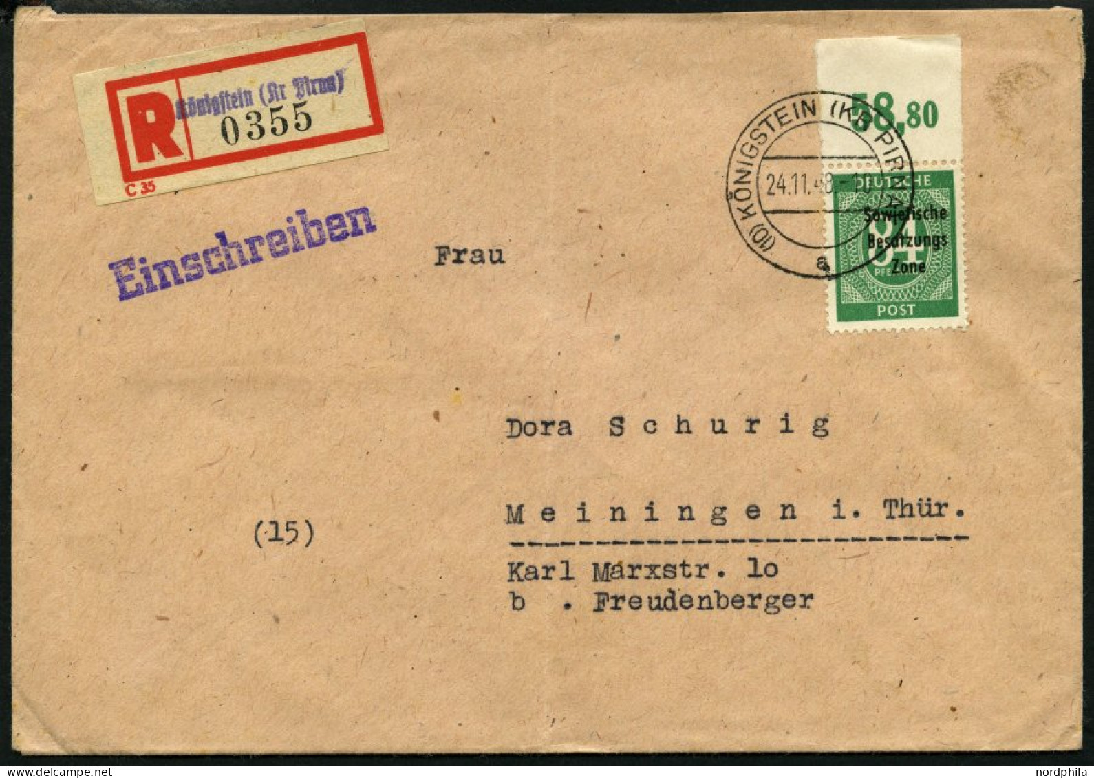 ALLGEMEINE-AUSGABEN 211aPOR BRIEF, 1948, 84 Pf. Lebhaftgrün, Plattendruck, Oberrandstück, Einzelfrankatur Auf Einschreib - Sonstige & Ohne Zuordnung