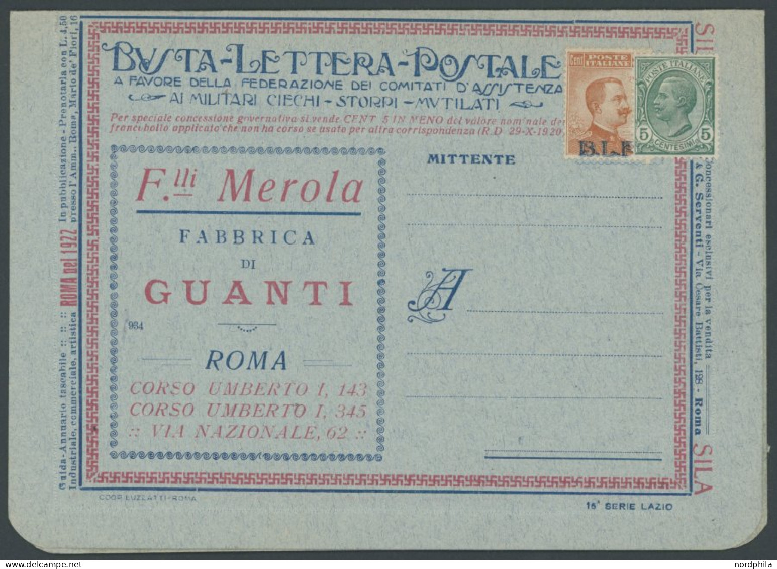 ITALIEN B 129IIa BRIEF, 1922, 20 C. Braunorange, Type II, Mit Blauem Aufdruck B.L.P. Und 5 C. Beifrankatur Auf Ungebrauc - Sin Clasificación