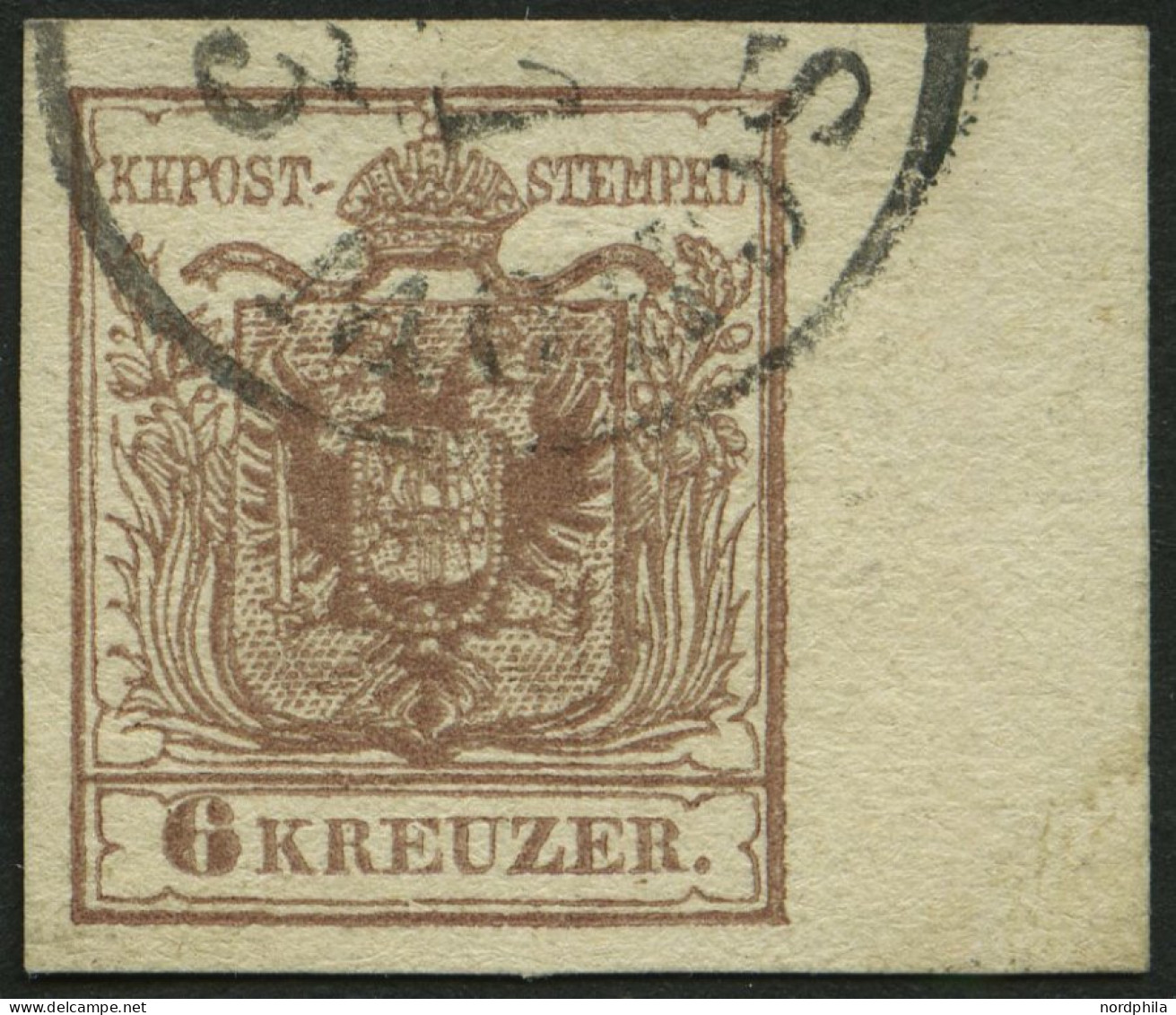 ÖSTERREICH 4Y O, 1854, 6 Kr. Braun, Maschinenpapier, Type III, Randstück Rechts 9 Mm, K1, Pracht - Sonstige & Ohne Zuordnung