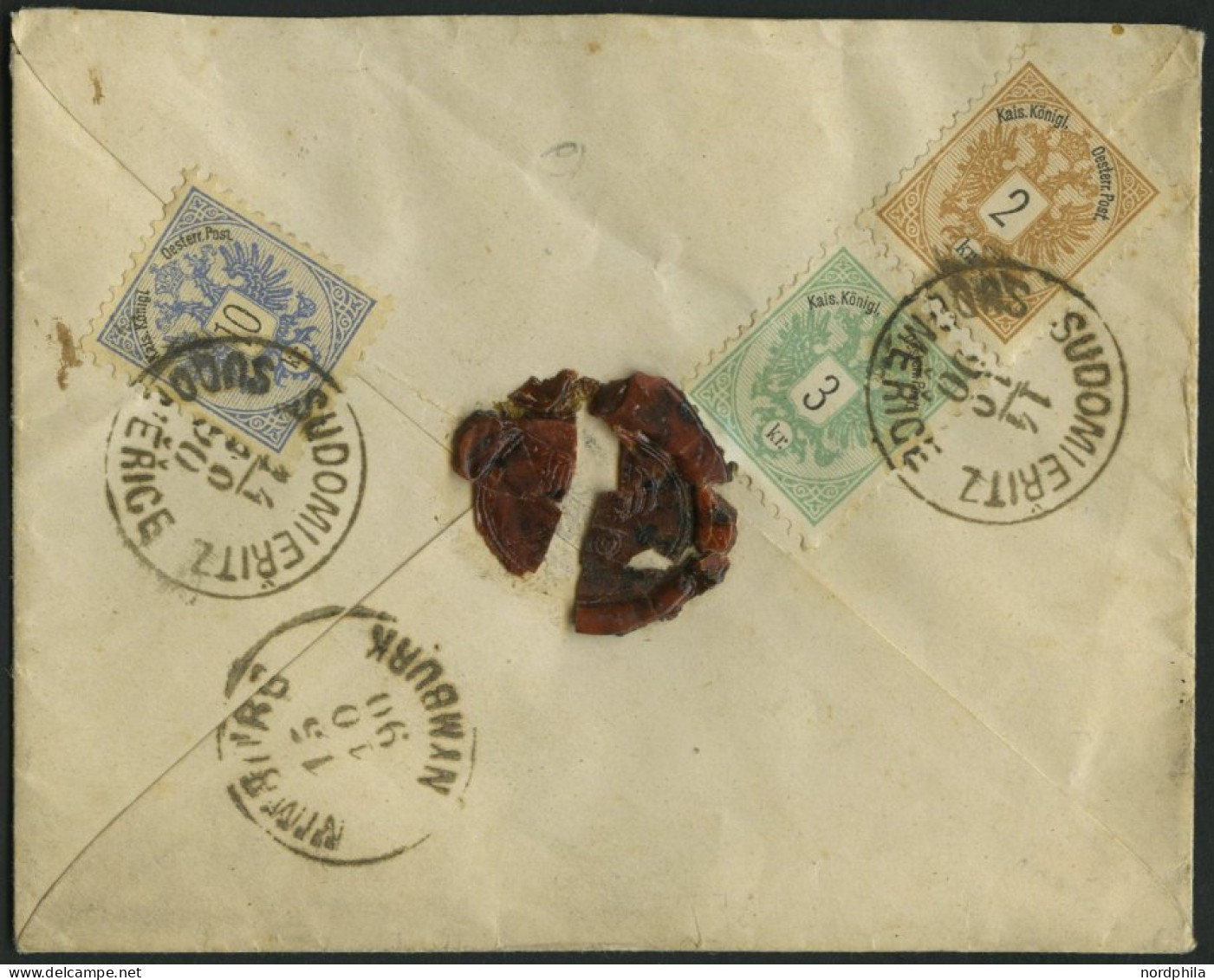 ÖSTERREICH 44/5,47 BRIEF, 1890, 2, 3 Und 10 Kr. Doppeladler, Rückseitig Mit K1 SUDOMERIEE Nach Komarne, Pracht - Used Stamps