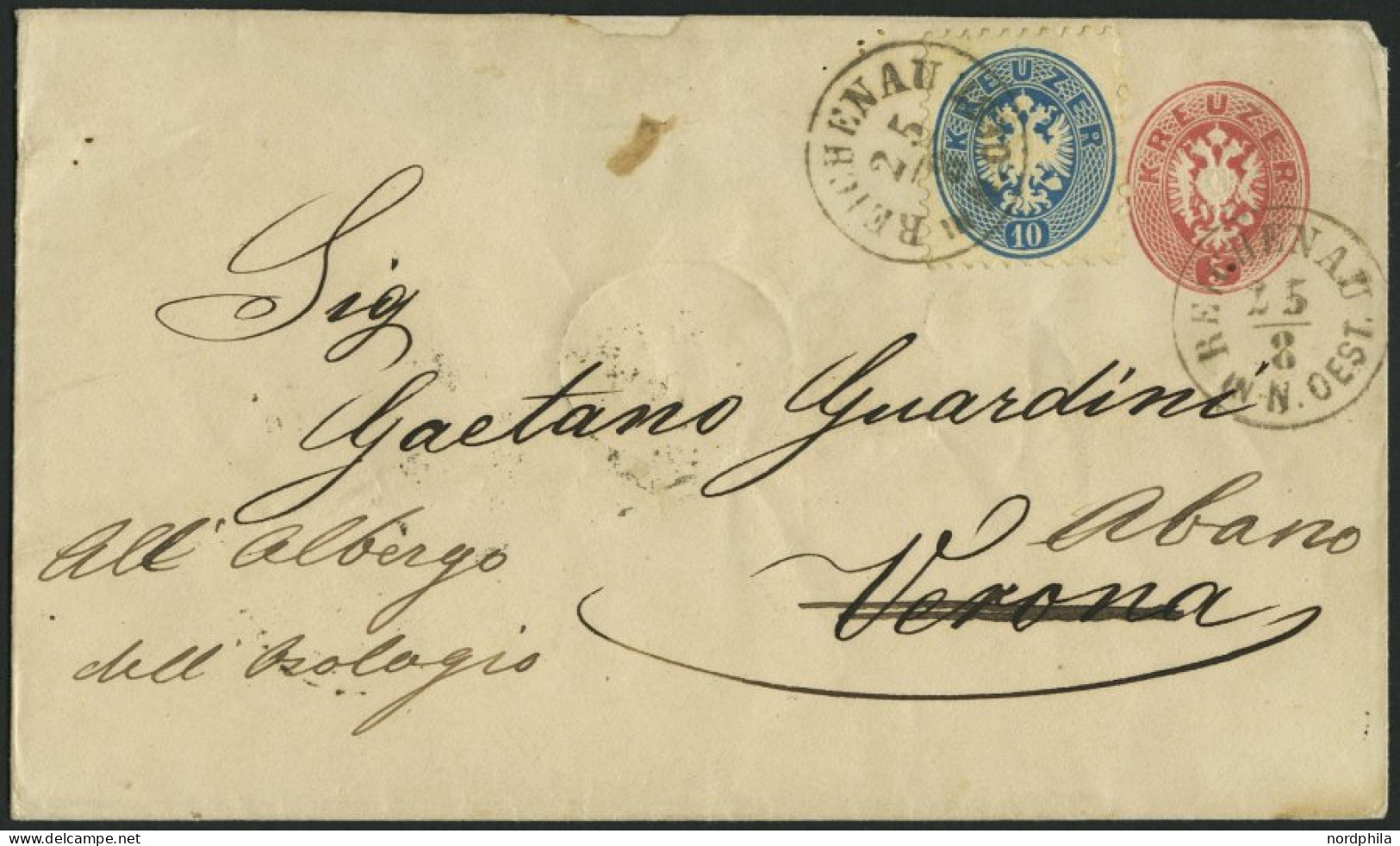 GANZSACHEN U 33,33 BRIEF, 1865, 5 Kr. Rot, Wz. 1, Umschlag Mit Zusatzfrankatur 10 Kr. Blau Von REICHENAU Nach Abano, Fei - Otros & Sin Clasificación