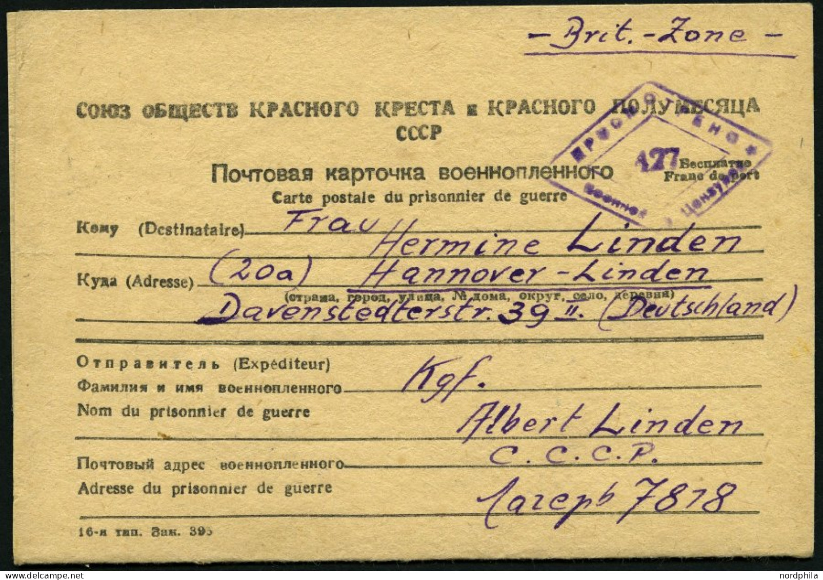 RUSSLAND 1949, Briefkarten-Vordruck Vom Sowjetischen Roten Kreuz Aus Dem Lager Nr. 7818 Nach Deutschland In Die Britisch - Usados