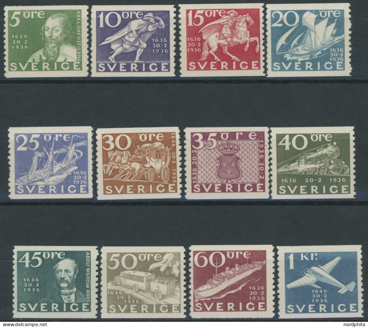 SCHWEDEN 227-38A , 1936, 300 Jahre Post, Normale Zähnung, Prachtsatz (12 Werte) - Autres & Non Classés