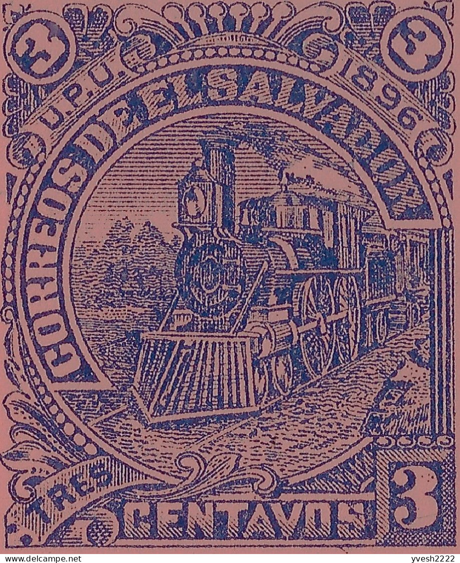 El Salvador 1896. Entier Postal Carte Rose. Timbre à 3 C, Volcan El Boqueron, Locomotive à Vapeur, Cornes D'abondance - Vulkanen